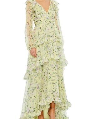 Mac Duggal Light Green Floral High-Low Ruffle Maxi Dress